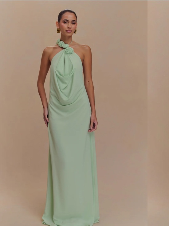 Meshki Dresses & Skirts - Meshki Rosalia Cowl Neck Mint Green Halter Maxi Dress with Rosette Detail